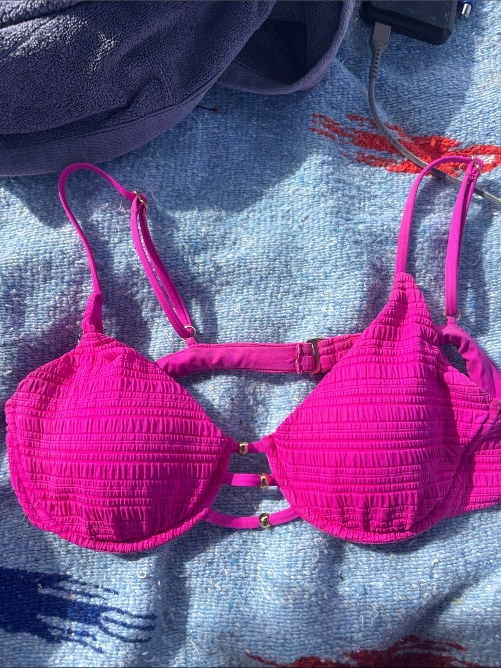 Hot Pink Textured Strappy Bikini Top